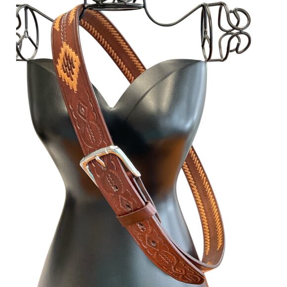 Brown Leather Mens 42 Western Belt Tan Dk Brown Stitching Southwest Cowboy - Picture 4 of 9